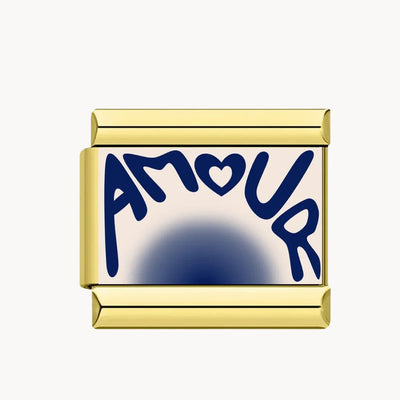 Charm italien Amour : « AMOUR » en lettres bleu marine sur un dégradé bleu vers blanc