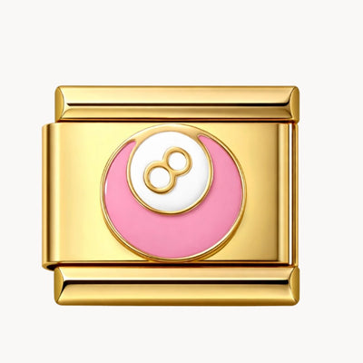Charm italien Billard 8 or rose : boule de billard rose avec le 8 blanc, cadre doré