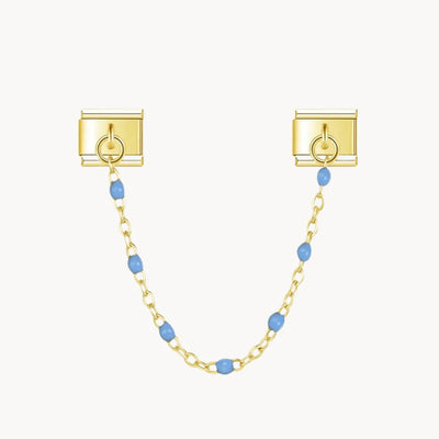 Charm italien Chaîne bleue : double charm : chaîne dorée ornée de perles bleu clair