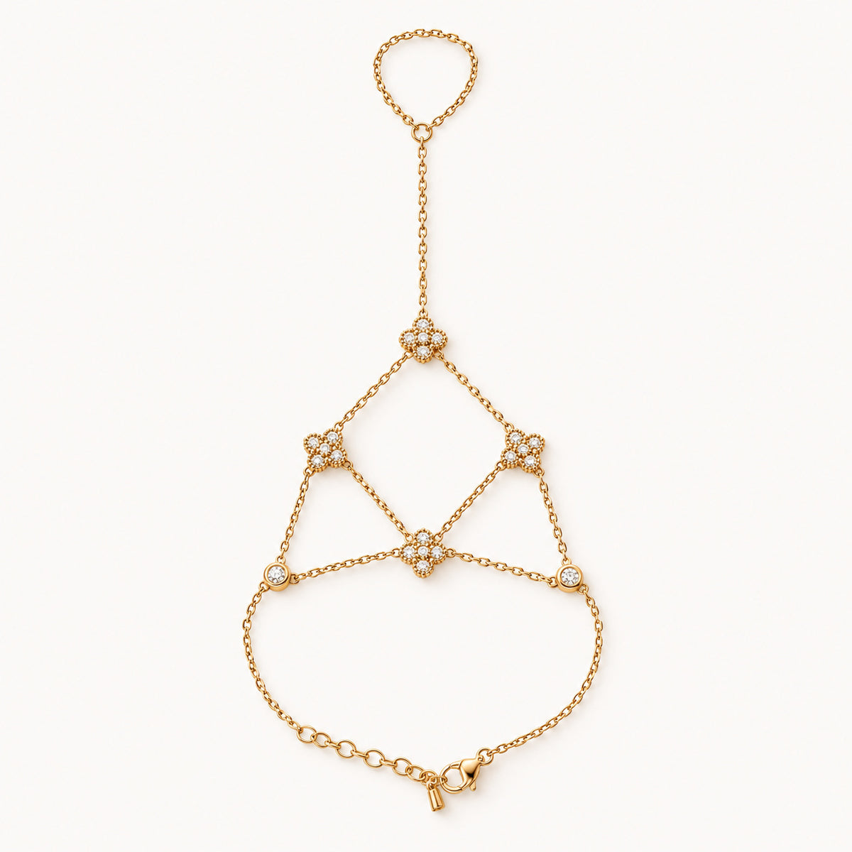 Chaîne de main Clover dorée, réseau de chaînes et trèfles pavés de strass