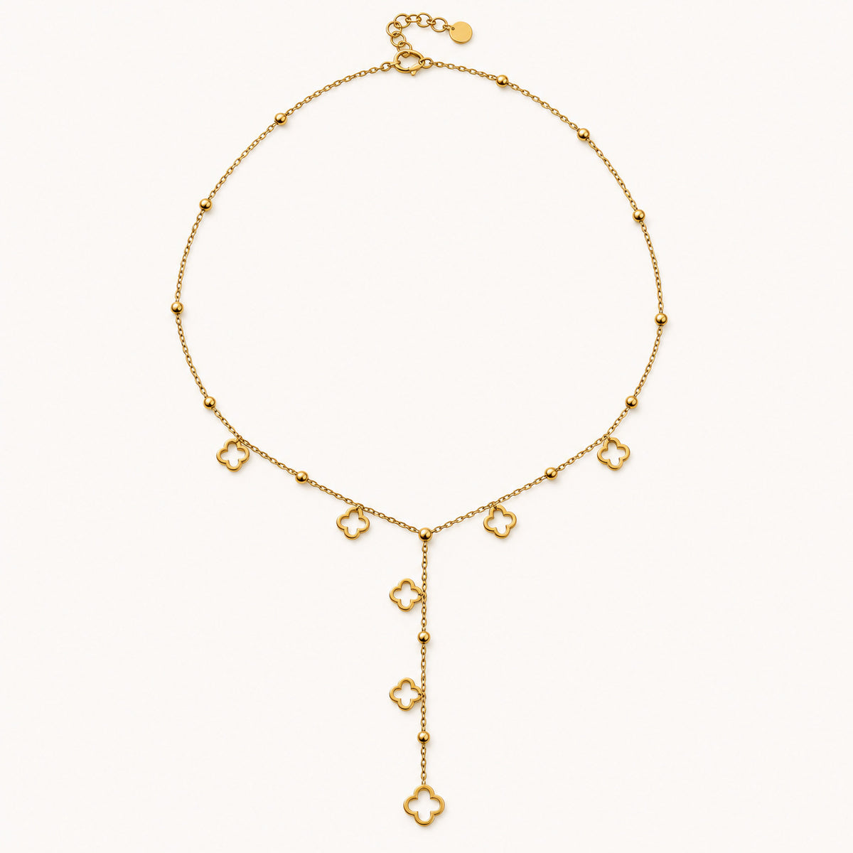 Collier Rosalie doré, collier en Y à trèfles ajourés sur chaîne à perles