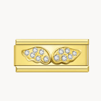Charm italien Double charm ailes dorées : deux ailes dorées recouvert de strass sur un double charm