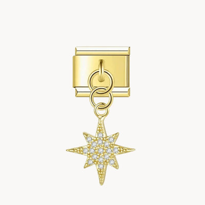 Charm italien Étoile : étoile dorée à huit branches recouvert de strass, suspendue