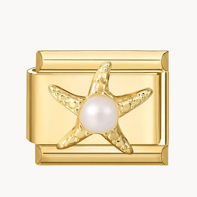 Charm italien Étoile de Mer avec Perle : étoile de mer dorée texturée avec une perle blanche, fond doré
