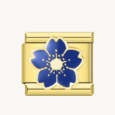 Charm italien Fleur bleue dorée : fleur bleu marine à cœur blanc et jaune, cadre doré