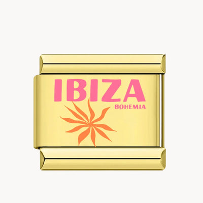Charm italien Ibiza Bohemia : « IBIZA BOHEMIA » avec un soleil orange rayonnant sur fond blanc