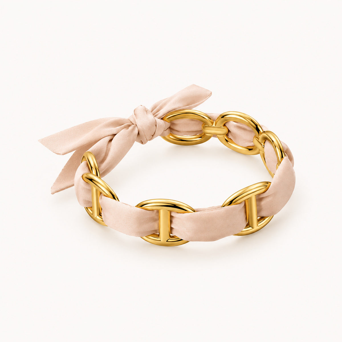 Jonc Bloom, bracelet ruban satin rose poudré et anneaux dorés