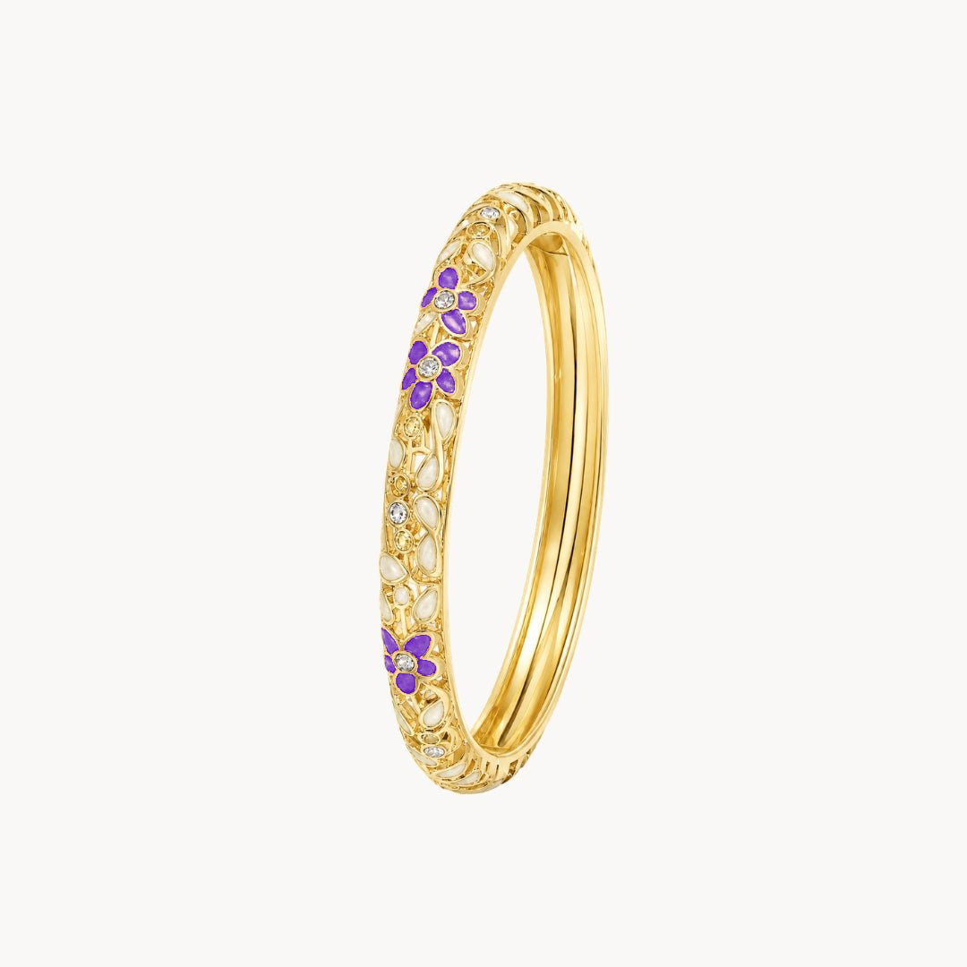 Jonc Miel violet, bracelet jonc doré ajouré à fleurs violettes et strass