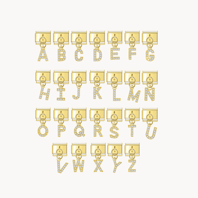 Charm italien Lettres brillantes dorées - pendentif : alphabet A→Z en lettres dorées suspendues en pendentif