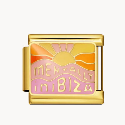 Charm italien Mentally in Ibiza : « MENTALLY IN IBIZA » en rose sur un coucher de soleil orange