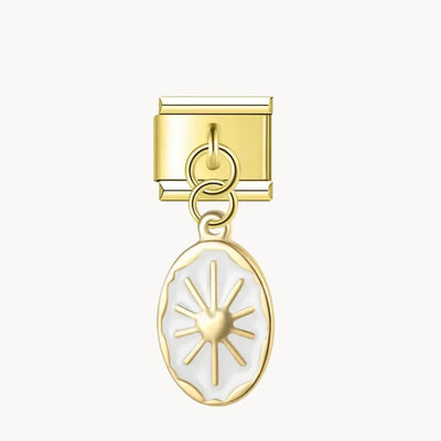 Charm italien Pendentif blanc motif soleil - doré : médaillon ovale blanc à soleil doré rayonnant, suspendu