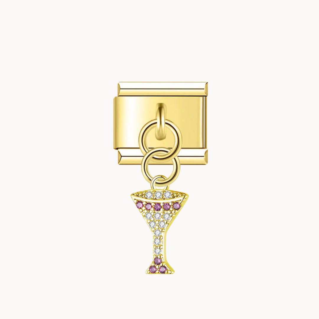 Charm italien Pendentif cocktail : coupe dorée orné de strass roses et verts, suspendue