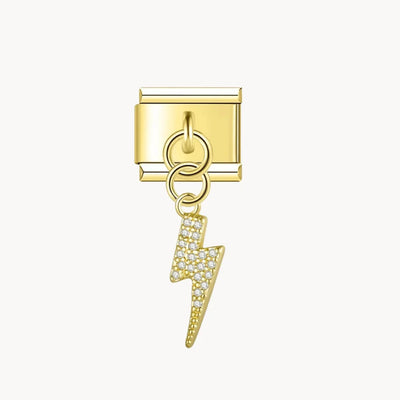 Charm italien Pendentif éclair : éclair doré recouvert de strass, suspendu