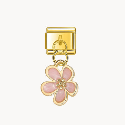 Charm italien Pendentif fleur rose : fleur rose pâle à cœur pailleté, suspendue, dorée