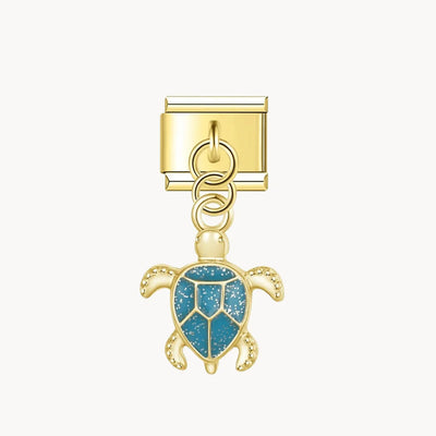 Charm italien Pendentif tortue bleue : tortue à carapace bleue et dorée, suspendue