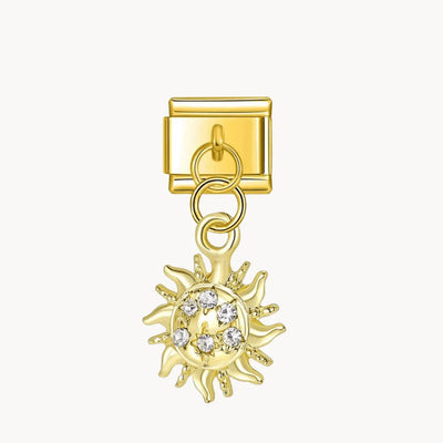 Charm italien Soleil doré suspendu : soleil doré à rayons recouvert de strass, suspendu