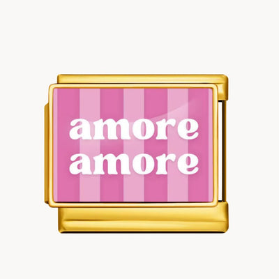 Charm italien Amore amore : « amore amore » en blanc sur rayures rose et blanc