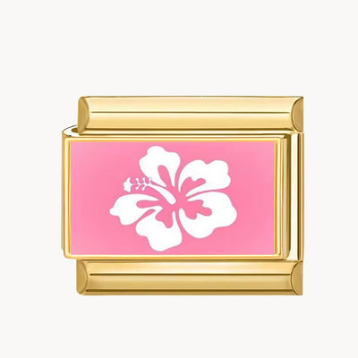Charm italien Hibiscus rose : hibiscus blanc sur fond rose vif, cadre doré
