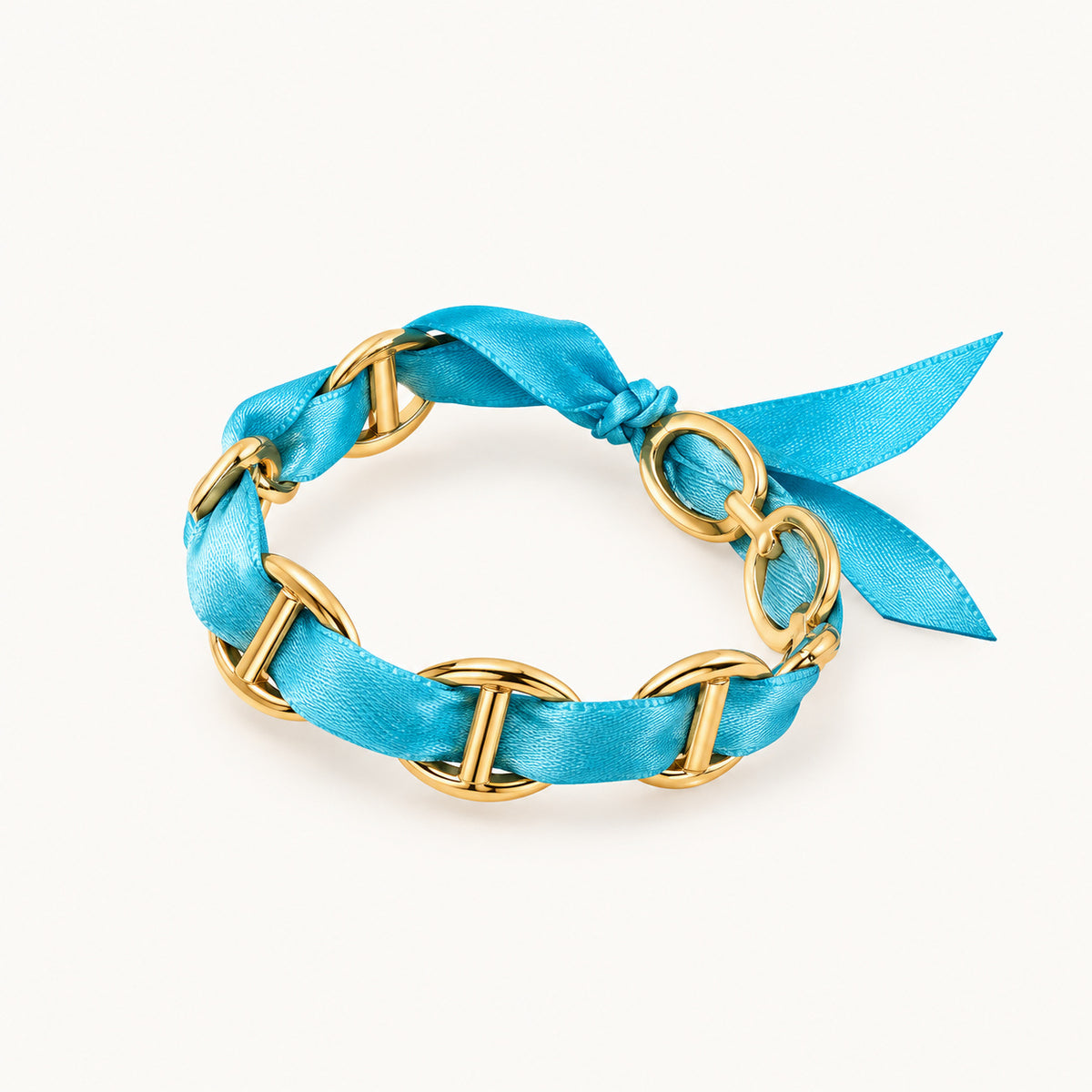 Jonc Azura, bracelet ruban satin turquoise et anneaux dorés