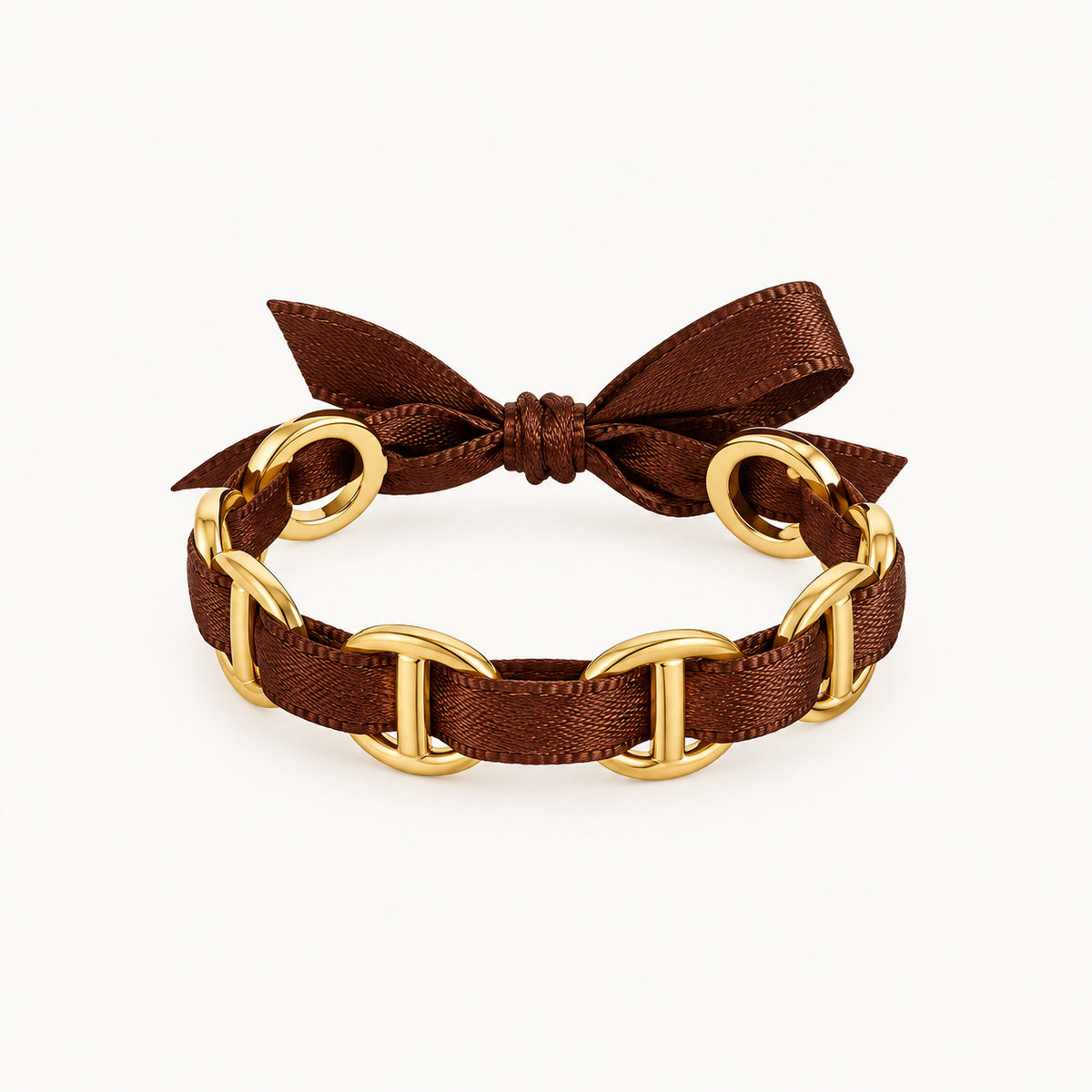 Jonc Mocha, bracelet ruban satin marron et anneaux dorés