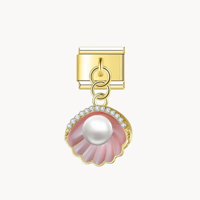 Charm italien Pendentif coquillage rose : coquillage rose nacré orné de strass avec une perle blanche, suspendu